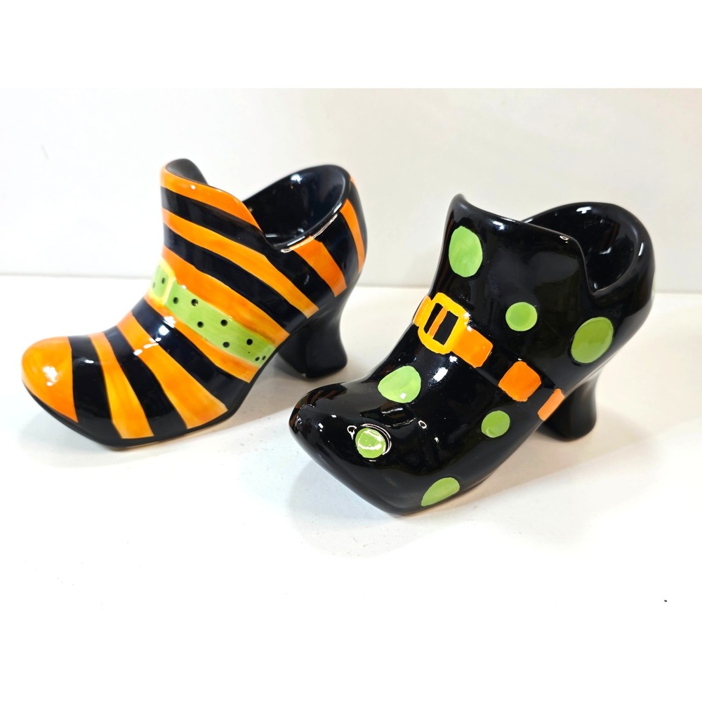 Set of 2 Halloween Ceramic Witch Shoe Boot Tea Light Votive Candle Holders